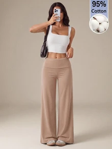SHEIN Tall 黑色高腰寬腿寬鬆休閒長褲 - 卡其色 - 查看 4