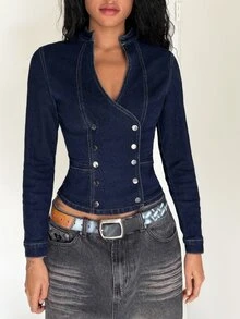 Jeanoix Y2K Women's Outdoor All-Season Napoleon Style Fashion Versatile Stand Collar Button Decor Blue Denim Jacket - Dark Wash - View 4