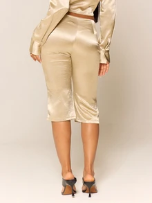 MUSERA Metallic Satin Low Rise Fitted Flare Coord Trouser Sexy Evening Night Going Out Fall Winter Autumn Solitude - Khaki - View 4