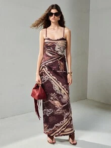 MOTF PREMIUM WOMEN'S KANGAROO PATTERN ELEGANT SATIN SPAGHETTI STRAP DRAPED DRESS - Burgundy - View 1