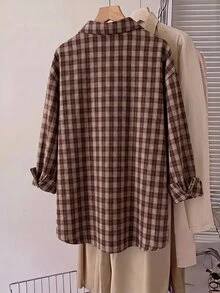 SHEIN CURVE+ 女款大尺碼秋季格紋休閒襯衫 - 棕色 - 查看 2