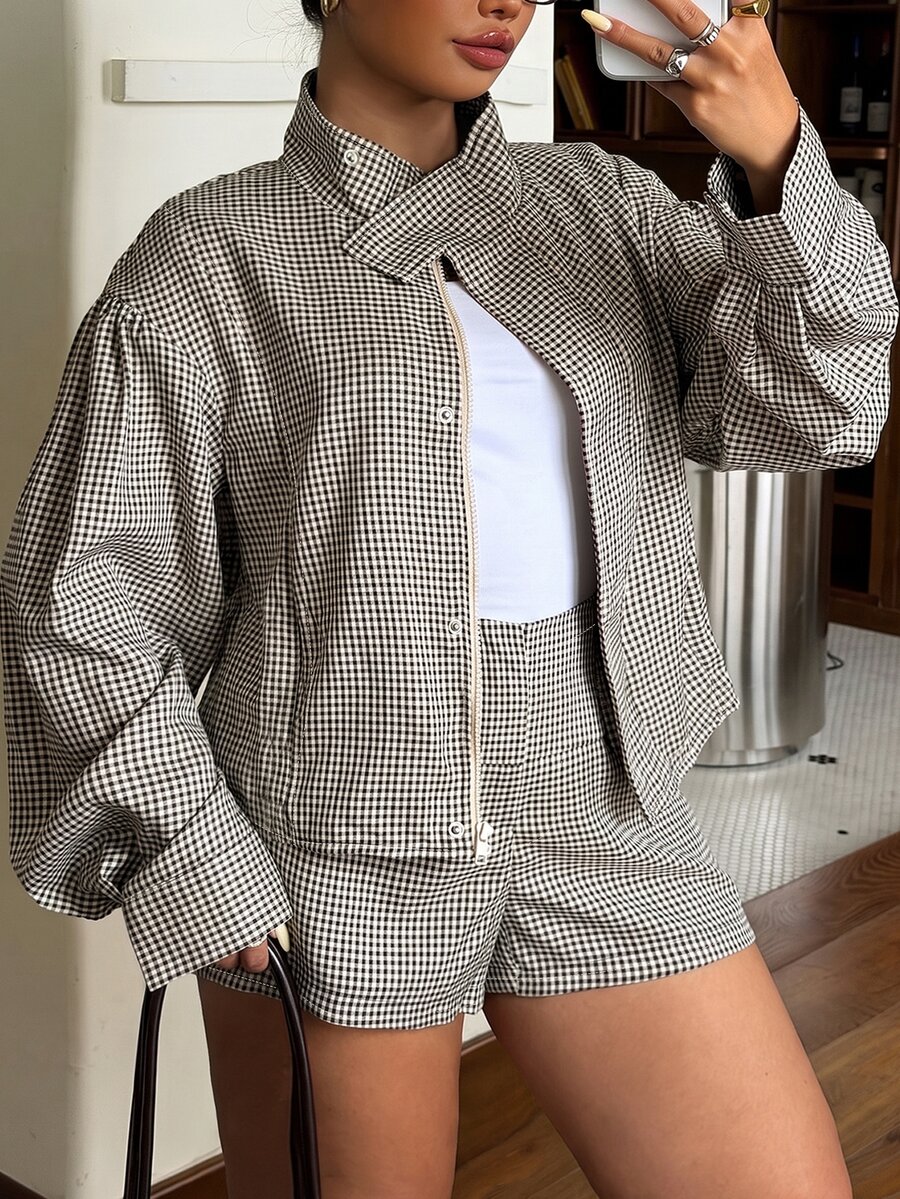 Muchica Plus Size Plaid Button Long Sleeve Jacket And Shorts 2 Pieces Set - Grey - View 1