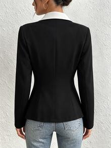 SHEIN Raffinéa Women's Elegant Daily Blazer Jacket, Versatile Fashion Contrast Color Collar Outerwear, Fall Winter Office Commute - Black and White - View 2