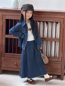 DAZY (Gadis Remaja) Set Denim 2 Potong Kasual Lucu Bahan Denim Washed Lengan Panjang Berkerah + Rok Lipit A-Line Kasual - Dark Wash - View 4