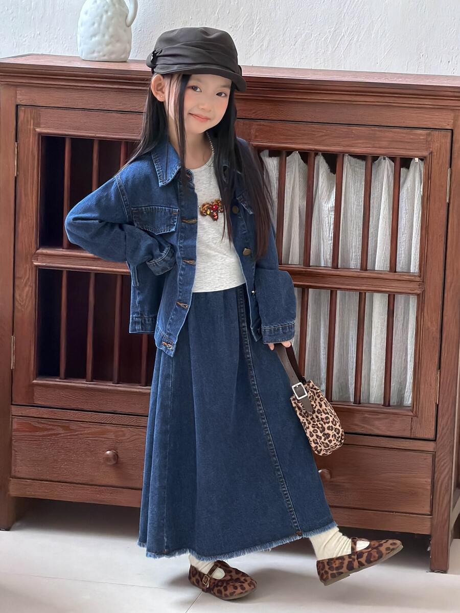DAZY Tween Girl) Casual Cute Washed Denim Long Sleeve Collared Top + A-Line Pleated Casual Skirt 2 Pieces Denim Set - Dark Wash - View 1
