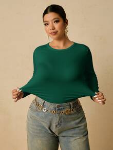 Freevana Plus Size Women's Black Long Sleeve Crew Neck Thermal Base Layer, Ruched Waist T-Shirt - Green - View 8