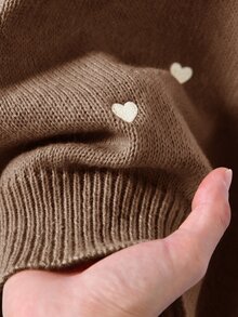 CosyJoli Plus Size Elegant French Style Vacation Commute Romantic Date Casual Premium Minimalist Pink Heart Embroidery Knit Pullover Sweater For Fall/Winter - Coffee Brown - View 7