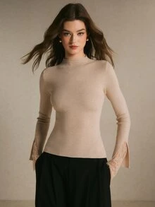 Poéselle Women's Lace Patchwork Casual Daily Long Sleeve Sweater - Apricot - View 7