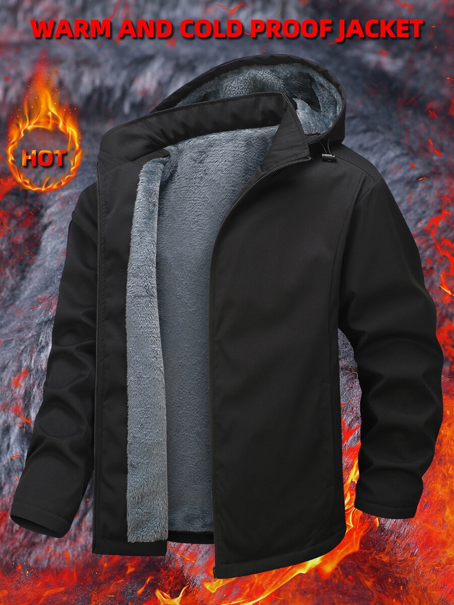 Manfinity Homme Men's Thermal Lined Hooded Jacket, Black Zipper Winter Jacket, Slim Fit, Suitable For Urban Commute And Casual Daily Wear - Black - View 1