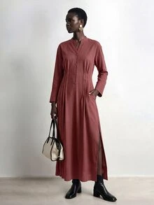 Aalyst Women's Front Design Accordion Pleated Linen Dress - Brown - View 6