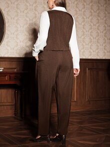 Auvina Plus Size 2 Pieces Set 2 In 1 Shirt Collar Brown Vest & Trousers Vintage Commute Outfit - Brown - View 2