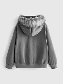 ROMWE Y2K Plus Size Women's Letter Print Plush Patchwork Casual Daily Hooded Washed Distressed Sweatshirt - Grey - View 2
