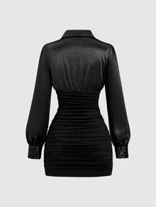Sweetra Women's Black Satin Lapel Button-Up Patchwork Design Ruched Slim Fit Flattering Autumn/Winter European & American Sexy Hot Girl Style Minimalist High-End Elegant Commute Short Dress - Black - View 2