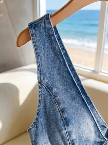 Balvessa Atasan Denim Tanpa Lengan Kasual Berlipit dengan Desain Kancing Leher V untuk Wanita Ukuran Plus - Krem - View 3