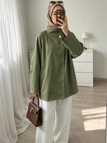 Selianne 女款時尚優雅不對稱大翻領廓形中長款風衣，插肩袖寬鬆修身休閒夾克 - 軍綠色 - 查看 4