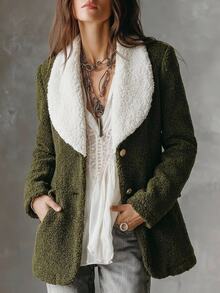 Solivie Women's Autumn/Winter Contrast Color Fur Collar Jacket, Dark Green Overcoat - Dark Green - View 3