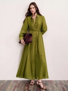 Aveloria Modichic Commuter Design, Belt Waist Cinched Decoration, Fashionable Elegant Pleated Quilted Versatile Slimming Long Dress - Olive Green - View 6