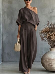 SHEIN 新款亞麻舒適不對稱單肩上衣與寬腿長褲女款兩件套 - 棕色 - 查看 1