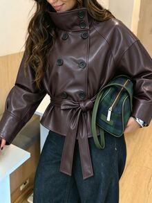 SHEIN PariChic Women's Vintage Blazer Jacket With Lapel, Single Button, Waist Tie, For Daily Commute - Brown - View 6