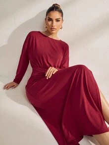 Uhlyne Uhlyne Elegant Asymmetric Hem Slit Party Midi Dress For Women, Autumn/Winter - Burgundy - View 6