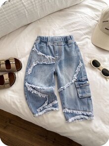 SHEIN Baby Boy Fashion Cute Casual Rip-Stitched Design Star-Shaped Blue Loose And Comfortable Jeans - Blue - View 4