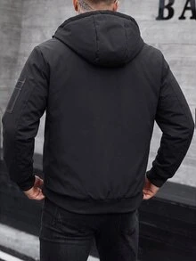 Manfinity Homme 男士黑色對比縫線保暖內裡連帽工作夾克，拉鍊冬季外套，日常與戶外雙用途 - 黑色 - 查看 2