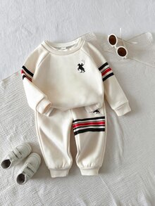 男女嬰兒/幼兒 2件組秋冬休閒可愛 2合1奶油色運動衫套裝，嬰兒運動服，嬰兒冬季衣物 - 彩色 - 查看 4