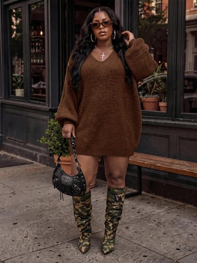 Slaydiva Plus Size Autumn/Winter Casual Solid Color Knit Dress
