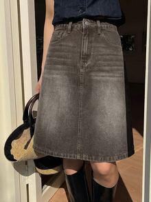 DAZY Women's Regular Mid-Waist A-Line 5-Inch Denim Skirt, Casual Elegant Everyday Skirt - Brown - View 4