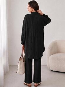 Solavon Solid Button Front Longline Blouse & Pants - Black - View 2