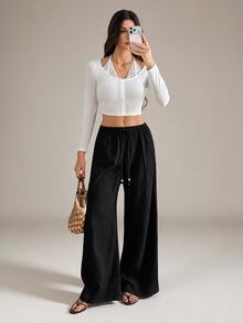 SHEIN Tall 女款休閒度假純色抽繩高腰寬鬆寬腿遮陽褲 - 黑色 - 查看 3