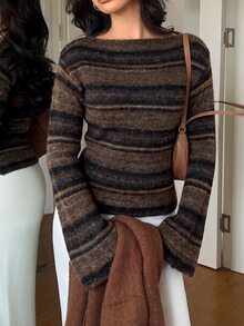 Aloruh Sweater Wanita Gaya Vintage Liburan dengan Blok Warna dan Desain Pinggang yang Pas, Gaya Streetwear - Coffee Brown - View 4