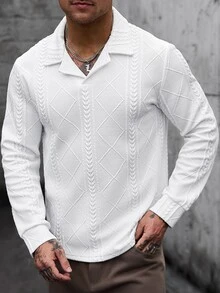 Manfinity CasualCool Kemeja Polo Pria Rajut Jacquard Warna Solid dengan Kerah & Manset Bertekstur, Kerah & Hem Bergaris, Kain Pique Hitam, 3 Kancing - Putih - View 3