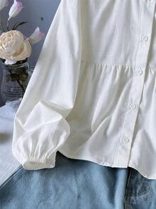 SHEIN 少女純色長袖單排扣休閒襯衫 - 白色 - 查看 6