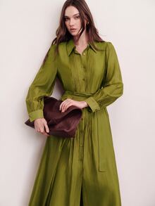 Aveloria Modichic Commuter Design, Belt Waist Cinched Decoration, Fashionable Elegant Pleated Quilted Versatile Slimming Long Dress - Olive Green - View 1