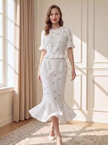 Suri Mira Women's Sequin Ruffle Hem Top And Mermaid Skirt 2 Pieces Set - White - View 5