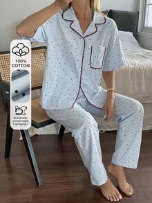 DAZY 2pcs/Set Women's Polka Dot All-Over Print Short Sleeve Cardigan Top & Straight Leg Long Pajama Pants Sleepwear Set - Blue - View 4