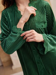 Moireta Women's Minimalist Elegant Glossy Velvet Long Sleeve Pants Pajama Set - Dark Green - View 4