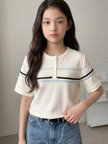 DAZY Basic Collared Striped Colorblock Short Sleeve T-Shirt For Tween Girls - Beige - View 7