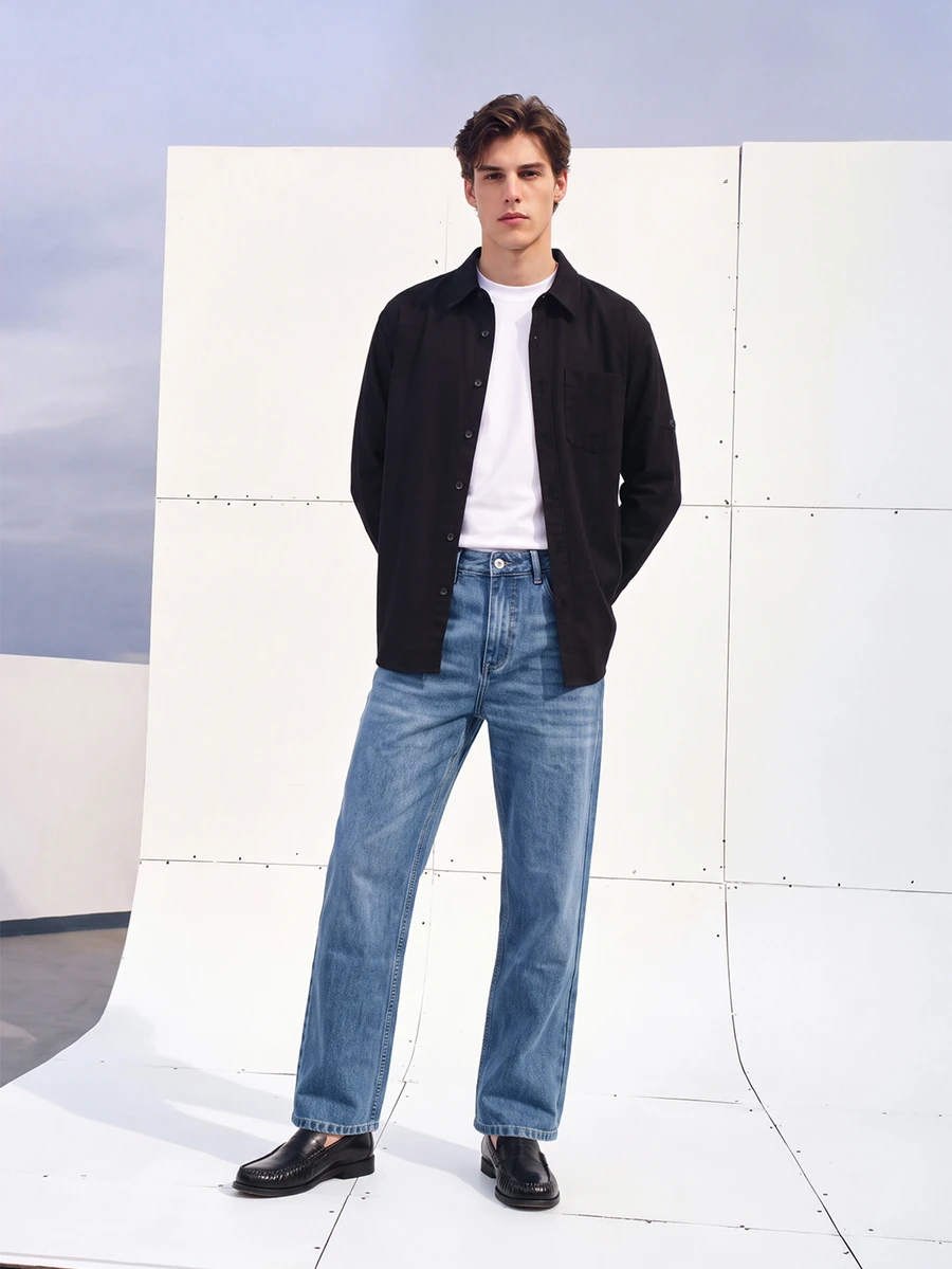 Colvenic Mid-Waist Straight Leg Wide Leg Denim Jeans Men's Retro Blue Long Pants Casual Versatile Style