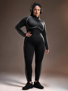 Powerista Plus Size Women's Form-Fitting Sports Jumpsuit With Mock Neck And Back Cutout Detail Ideal For Intense Workouts Athletic Jumpsuit Half-Placket Design - Black - View 7