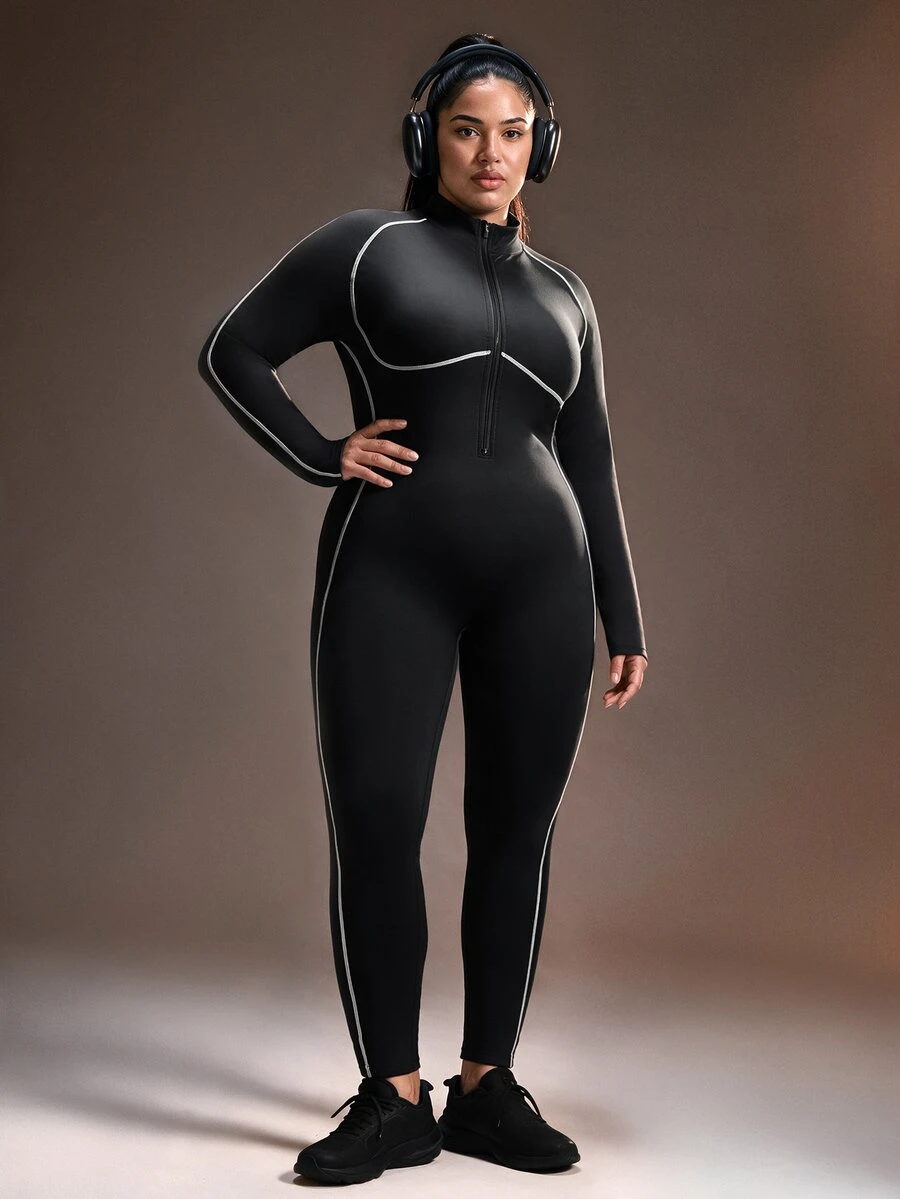 Powerista Plus Size Women's Form-Fitting Sports Jumpsuit With Mock Neck And Back Cutout Detail Ideal For Intense Workouts Athletic Jumpsuit Half-Placket Design - Black - View 1