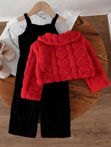 SHEIN 2件組幼女連身衣套裝，甜美紅黑愛心毛絨絨燈芯絨長袖彼得潘領加厚款，冬季保暖公主風節日派對新款套裝 - 黑與白 - 查看 2