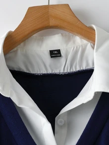 SHEIN LUNE ملابس علوية نسائي مقاس كبير بتصميم ألوان متباينة ورقعات وياقة وأكمام طويلة، ستايل 2 في 1 كاجوال للتنقل اليومي والعمل - أزرق بحري - مشاهدة 5