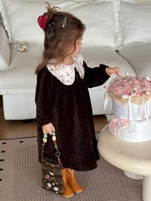 DAZY Infant/Toddler (Girl) Colorblock Patchwork Long Sleeve Korean Style Dress, Autumn/Winter - Coffee Brown - View 3