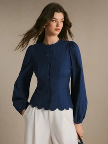 Poéselle Women's Elegant Button Textured Long Sleeve Waist-Cinching Blouse - Navy Blue - View 4