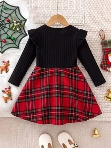 SHEIN Baby Girl Round Neck Long Sleeve Patchwork Plaid Hem Bow Decor Cute Dress - Red - View 7