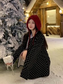 DAZY Women's Polka Dot Pattern Long Sleeve Single-Breasted Knit Cardigan And Knit Skirt Casual Set - Black - View 7