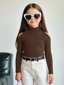 Firerie Kids Firerie Kids 少女純色立領鏤空肩休閒T恤，聖誕節，青少年女孩修身復古羊腿袖假領T恤，運動風，適合休閒、日常穿著、秋冬校園日常，酷街頭風，日常穿著，校園日常，Y2K女孩，休閒可愛，姐妹裝，母女裝 - 棕色 - 查看 4
