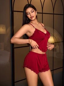 SilkySpell Sexy Camisole Top & Lace Trim Shorts Loungewear Set For Women - Burgundy - View 1
